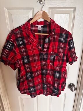 Victoria's Secret Red & Black Plaid Short-Sleeve Button Up PJ SET